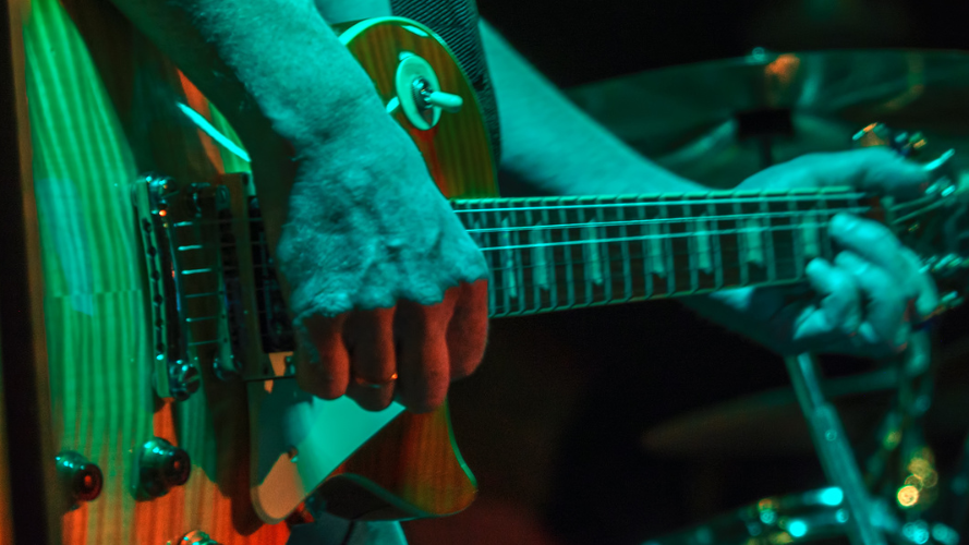 A close-up of a guitarist playing a wooden electric guitar, with hands on the neck and strings, vibrant stage lighting in greenish tones.