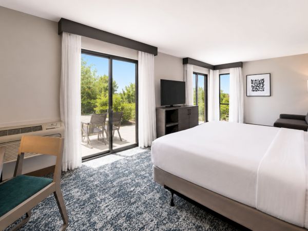 A modern hotel bedroom with a white bed, TV on a console, and large windows with sheer curtains overlooking greenery.