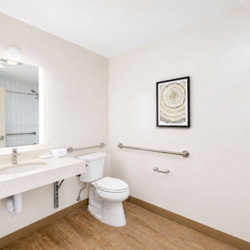 Bright modern bathroom with a marble vanity, toilet, towel bars, and framed abstract wall art above the toilet.