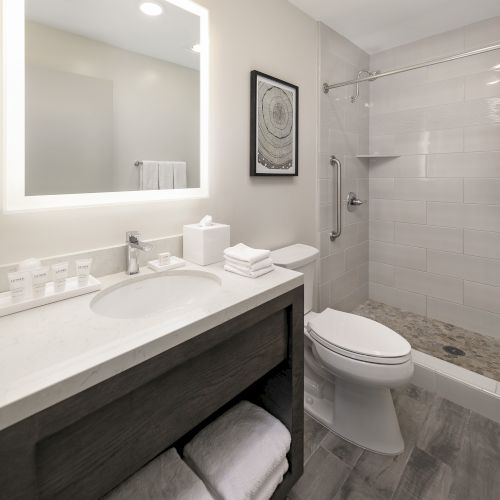 Bright modern bathroom with marble vanity, framed art, towels, toilet, and a walk-in tub/shower with glass.