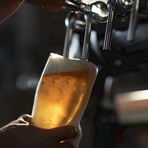 A bartender pours amber beer into a foamy glass mug with an out-of-focus bar behind it.
